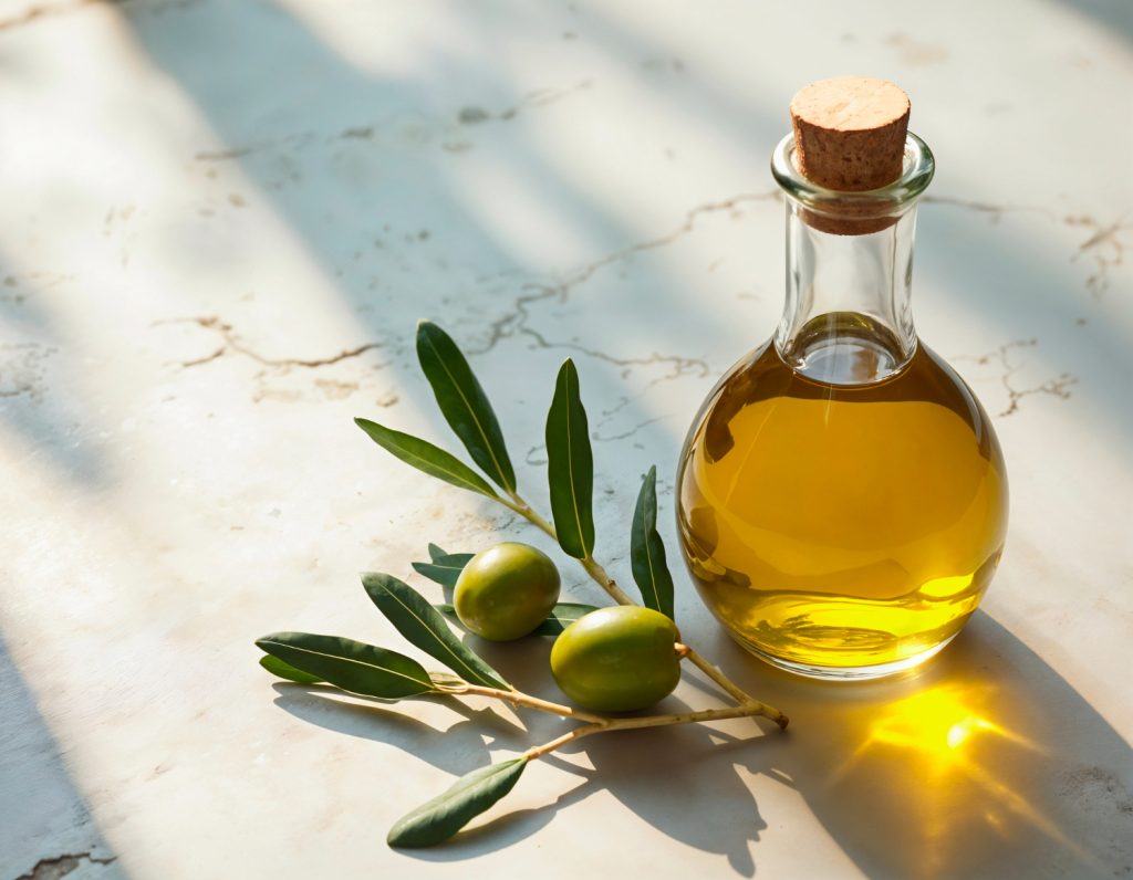 Frasco de aceite de oliva en una mesa con rayo del sol