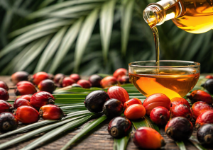 Frasco con aceite de palma con semillas de palma al rededor