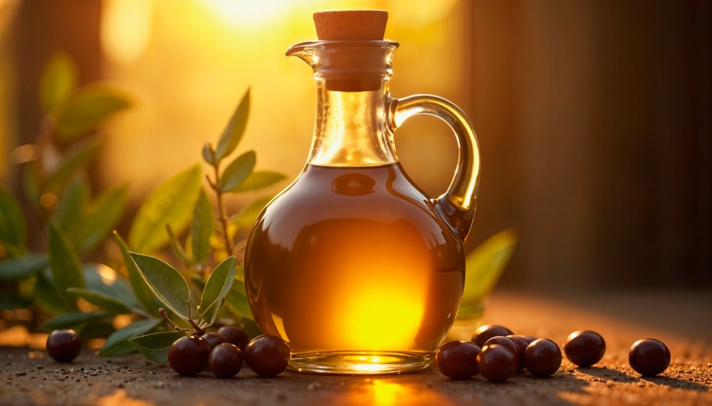 Botella de aceite de oliva a contra luz rodeada de hojas de oliva