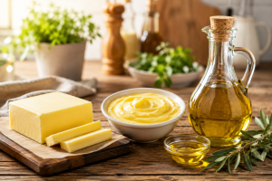 Mantequilla margarina y aceite vegetal en primer plano en una cocina con plantas al rededor
