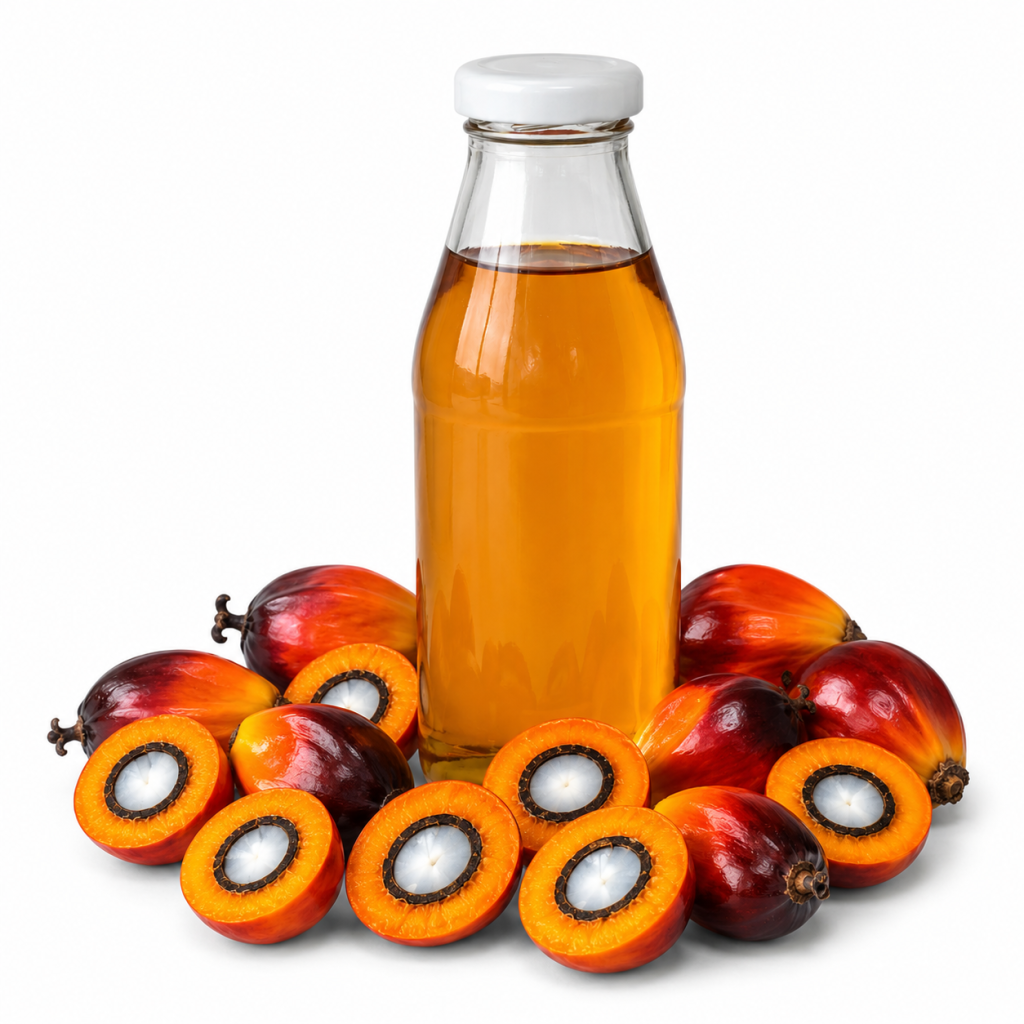 Botella aceite crudo de palma con semillas al rededor en espacio blanco