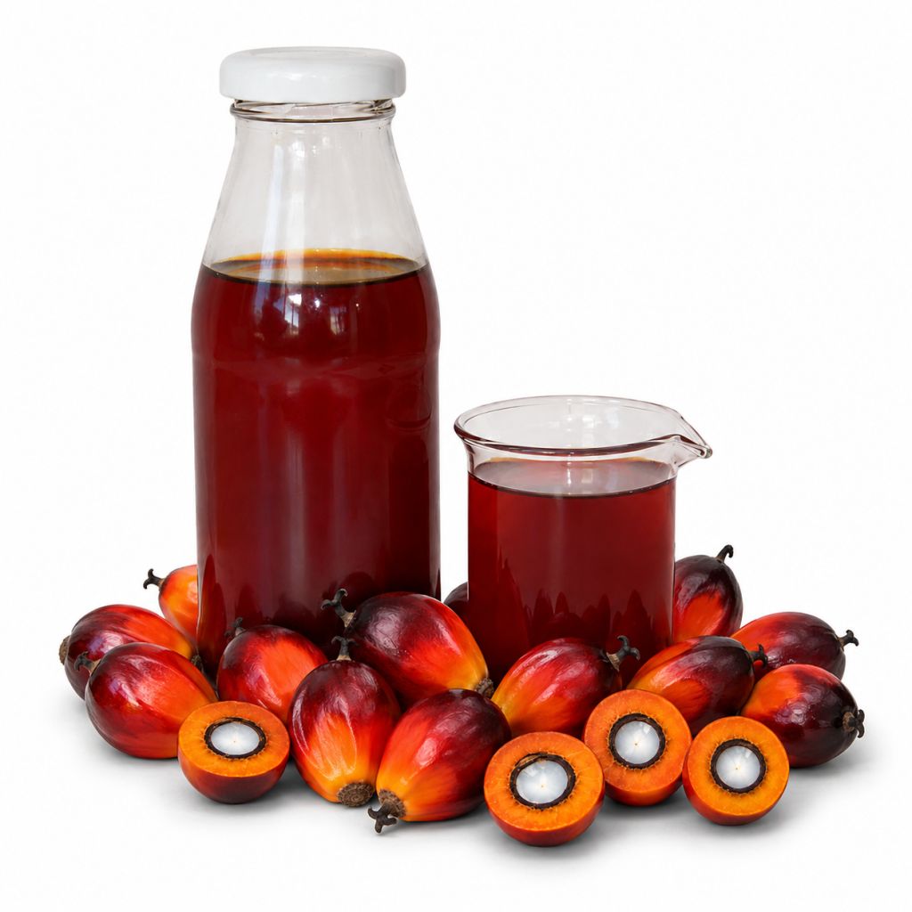Dos aceites de palma con semillas de palma al rededor