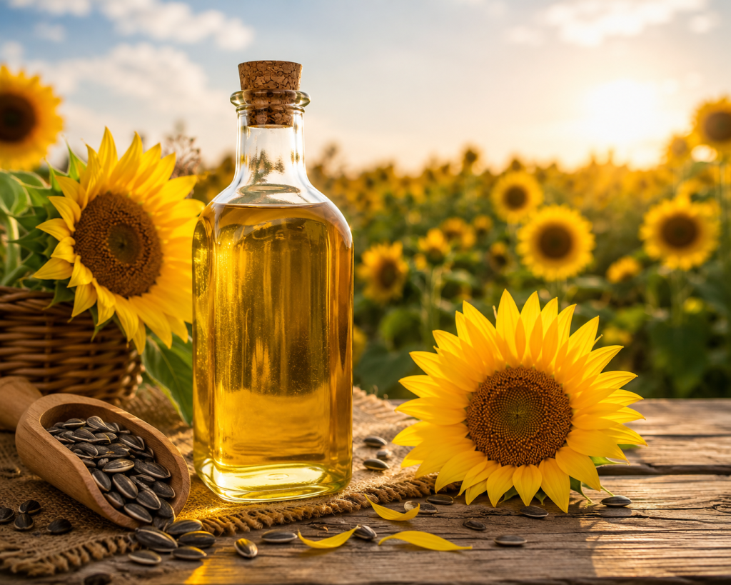 Frasco de aceite de girasol en un campo de girasoles en el atardecer