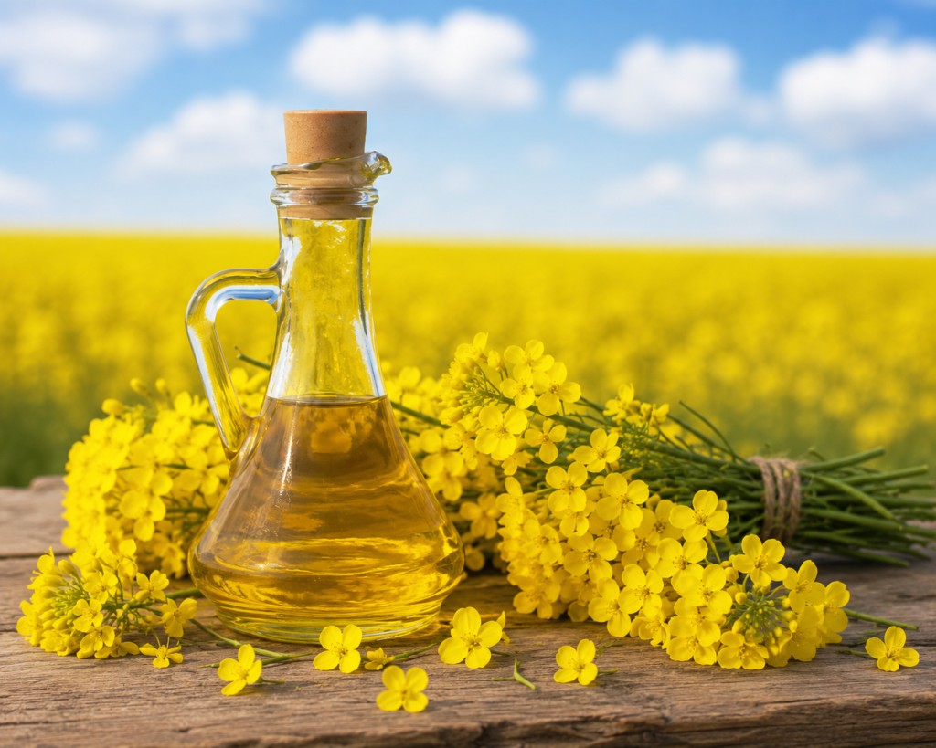 Jarra de aceite de canola sobre mesa de madera rodeado de plantas de canola al frente de un cultivo de canola
