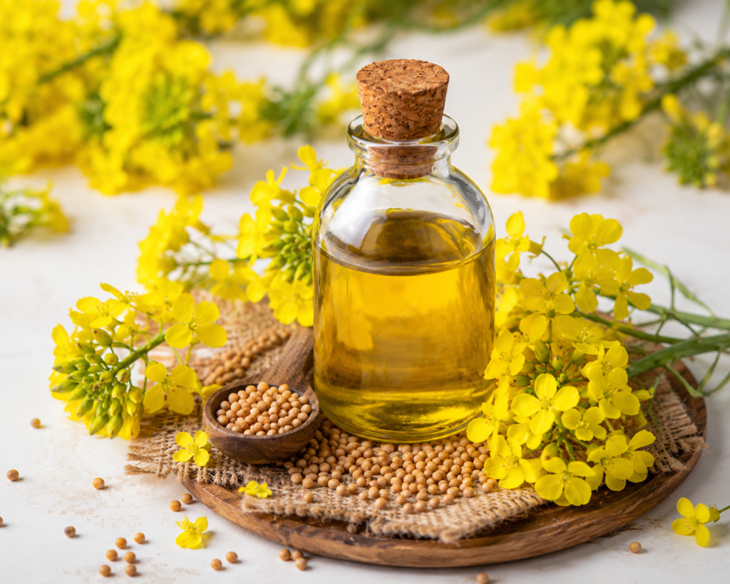 Pequeño jarro de aceite de canola con flores y semillas de canola al rededor sobre una mesa blanca