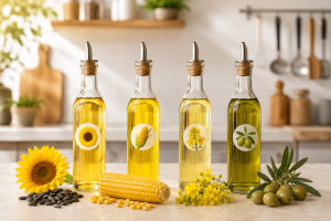 foto de producto de un frasco de vidrio de aceite de girasol, frasco de aceite de maiz, frasco de aceite de granola y frasco de aceite de oliva en una cocina