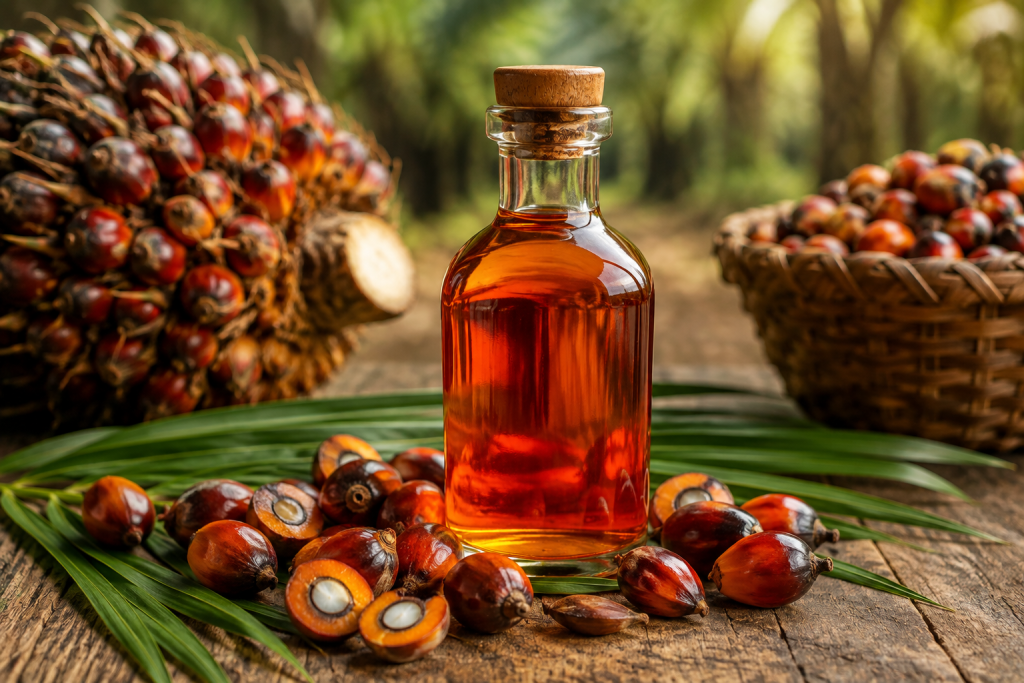Aceite de palma entre frutos de palma