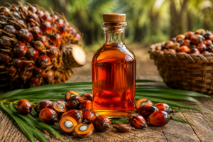 Aceite de palma entre frutos de palma