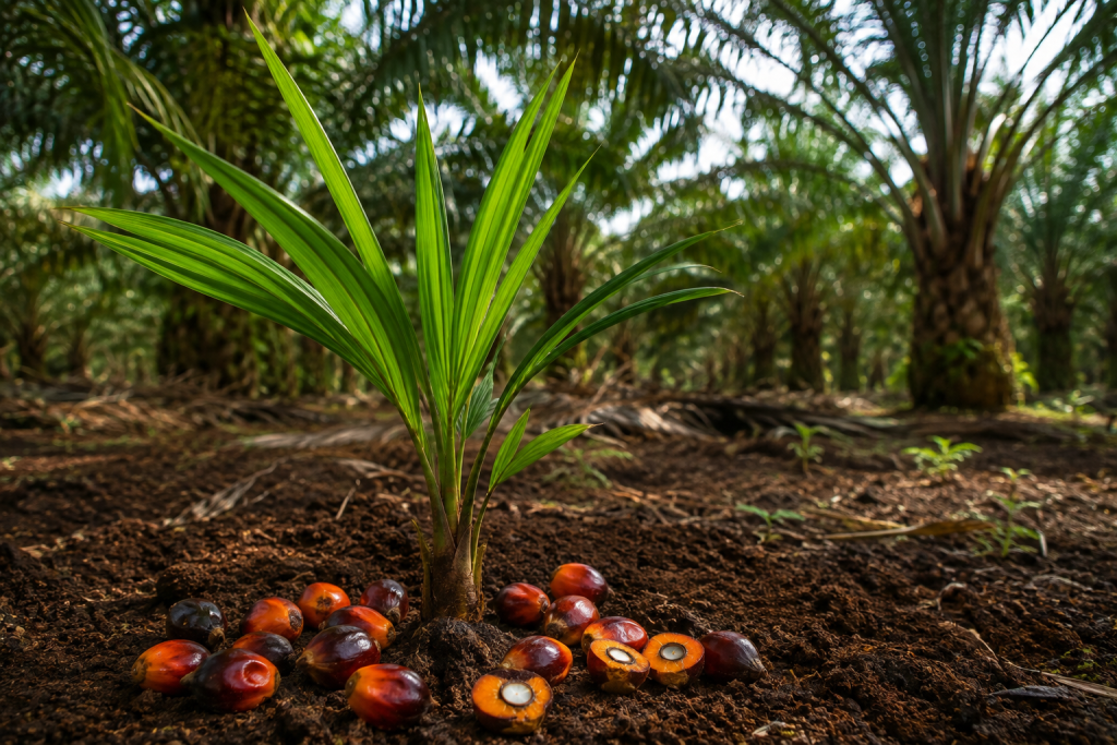 Plántula de palma entre frutos tropicales
