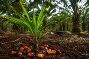 Plántula de palma entre frutos tropicales