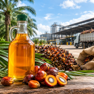 Aceite de palma y frutos tropicales al frente de una estación de aceite